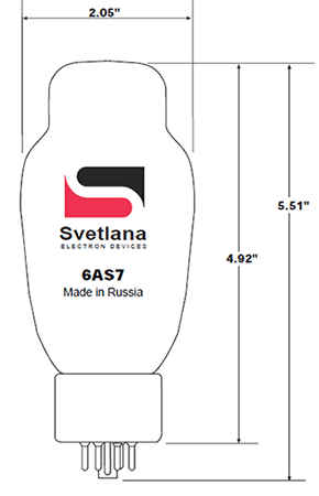 Diagram showing physical dimensions of 6AS7 manufactured by Svetlana