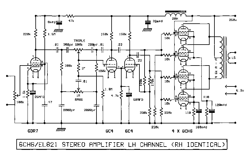 Technical diagram showing 6CH6/EL821 stereo amplifier LH channel (RH identical)