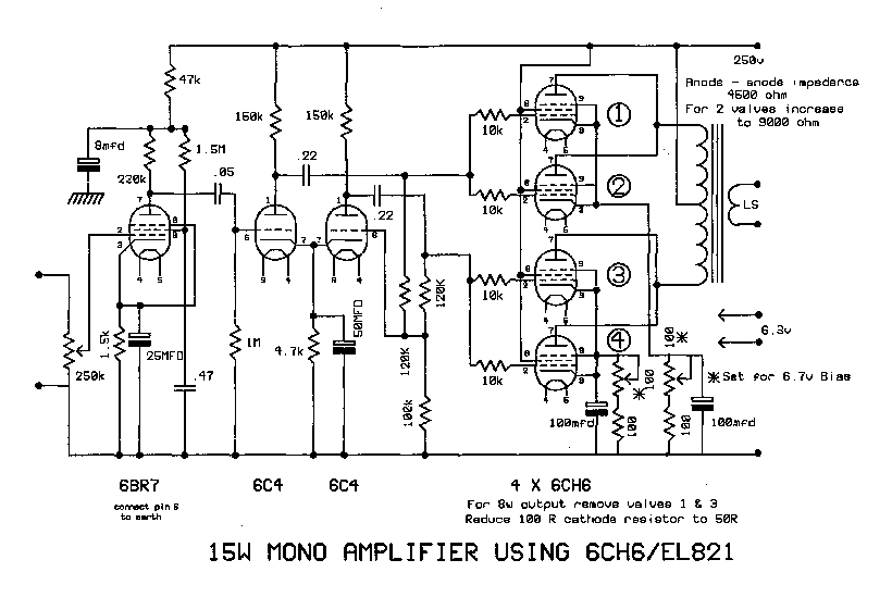 Technical diagram showing 15W mono amplifier uisng 6CH6/EL821