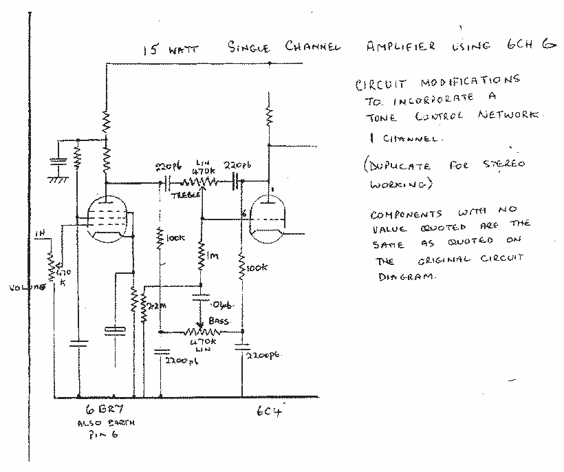 Technical diagram showing 15 watt single channel amplifier using 6CH6 tube